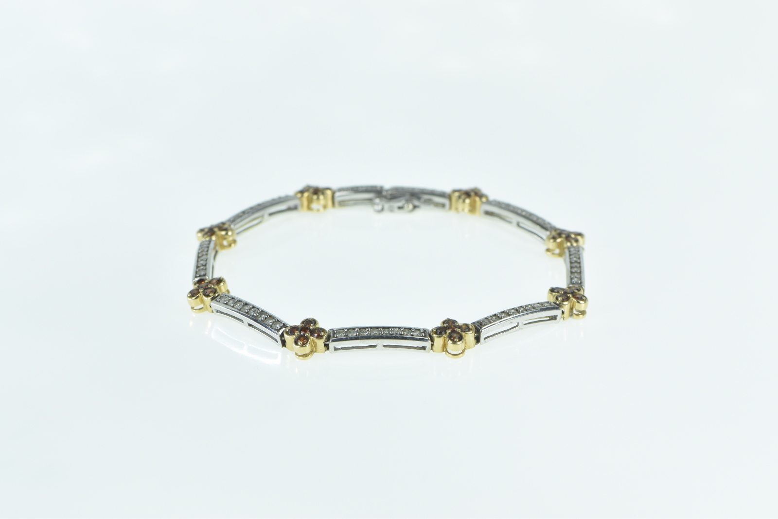 14K Garnet Flower Cluster Diamond Bar Tennis Yellow Gold Bracelet 7"