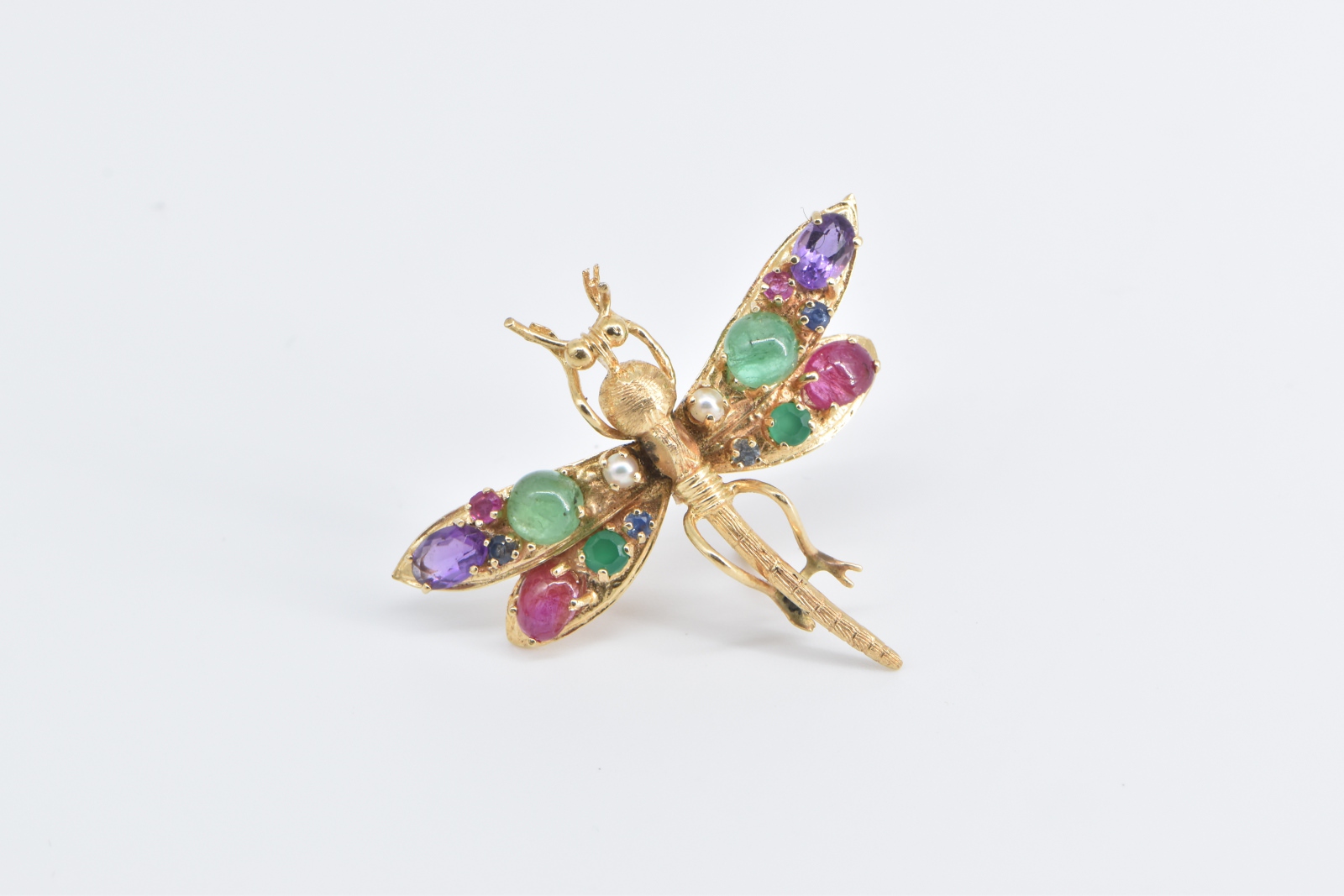 14K Gemstone Encrusted Dragonfly Dress Clip Yellow Gold Pin/Brooch