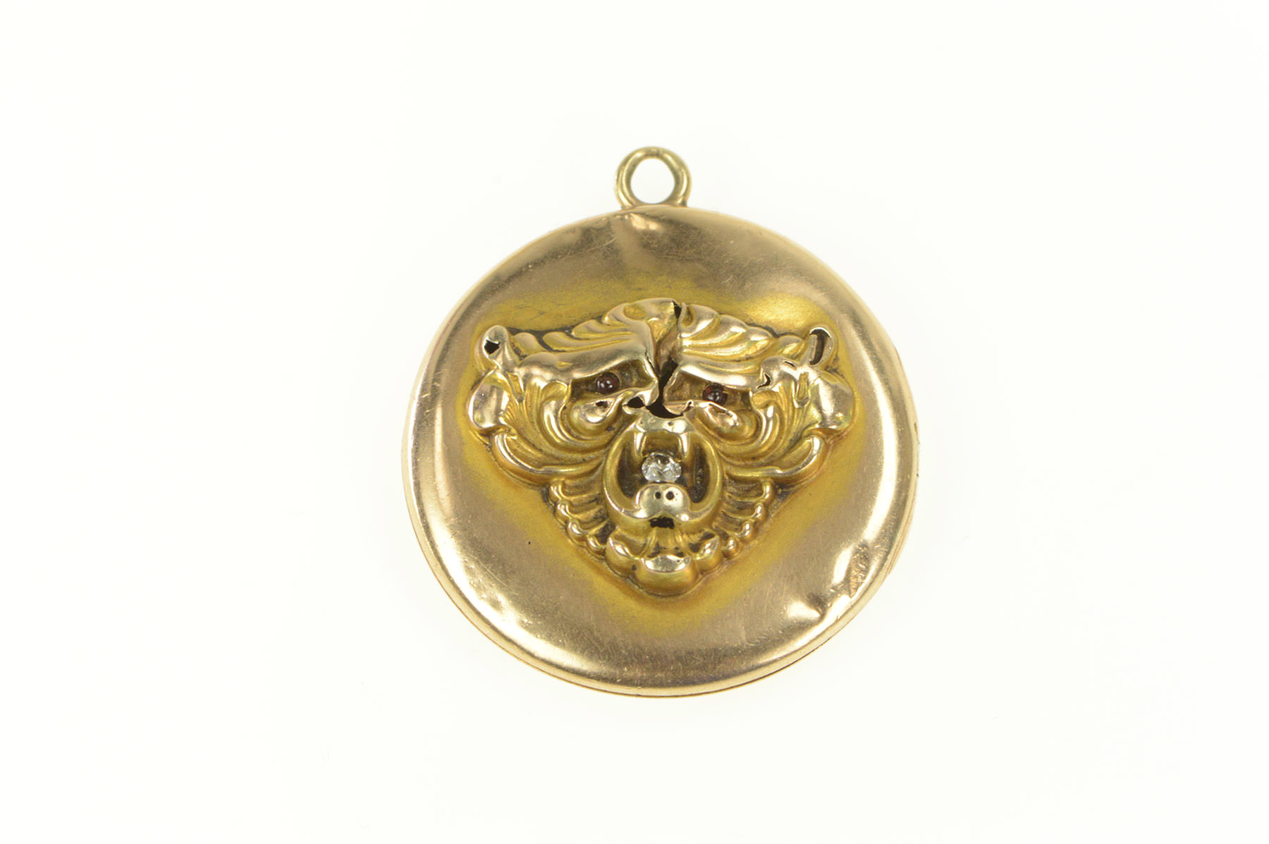 14K Georgian Lion Bear Diamond Photo Locket Yellow Gold Pendant