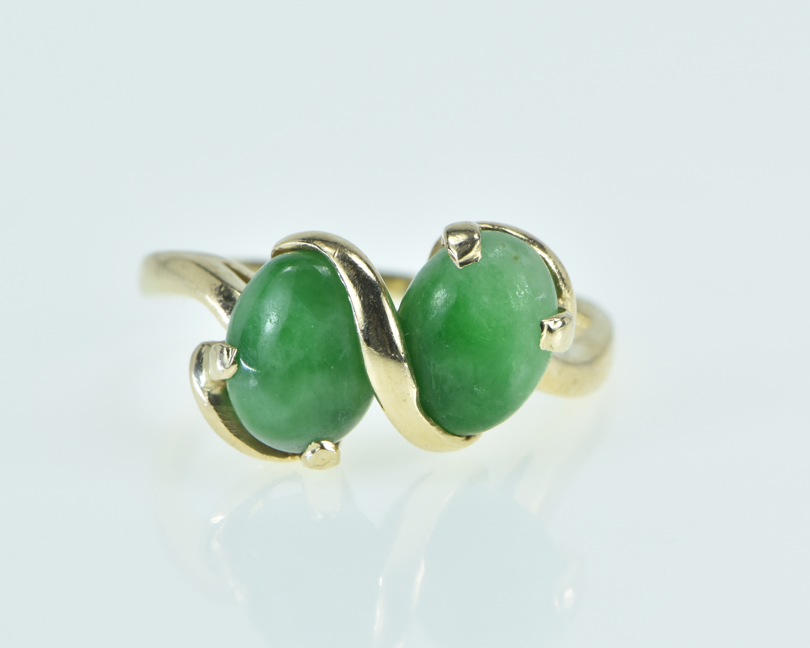 14K Green Jade Pear Cabochon Bypass Yellow Gold Ring, Size 8.25