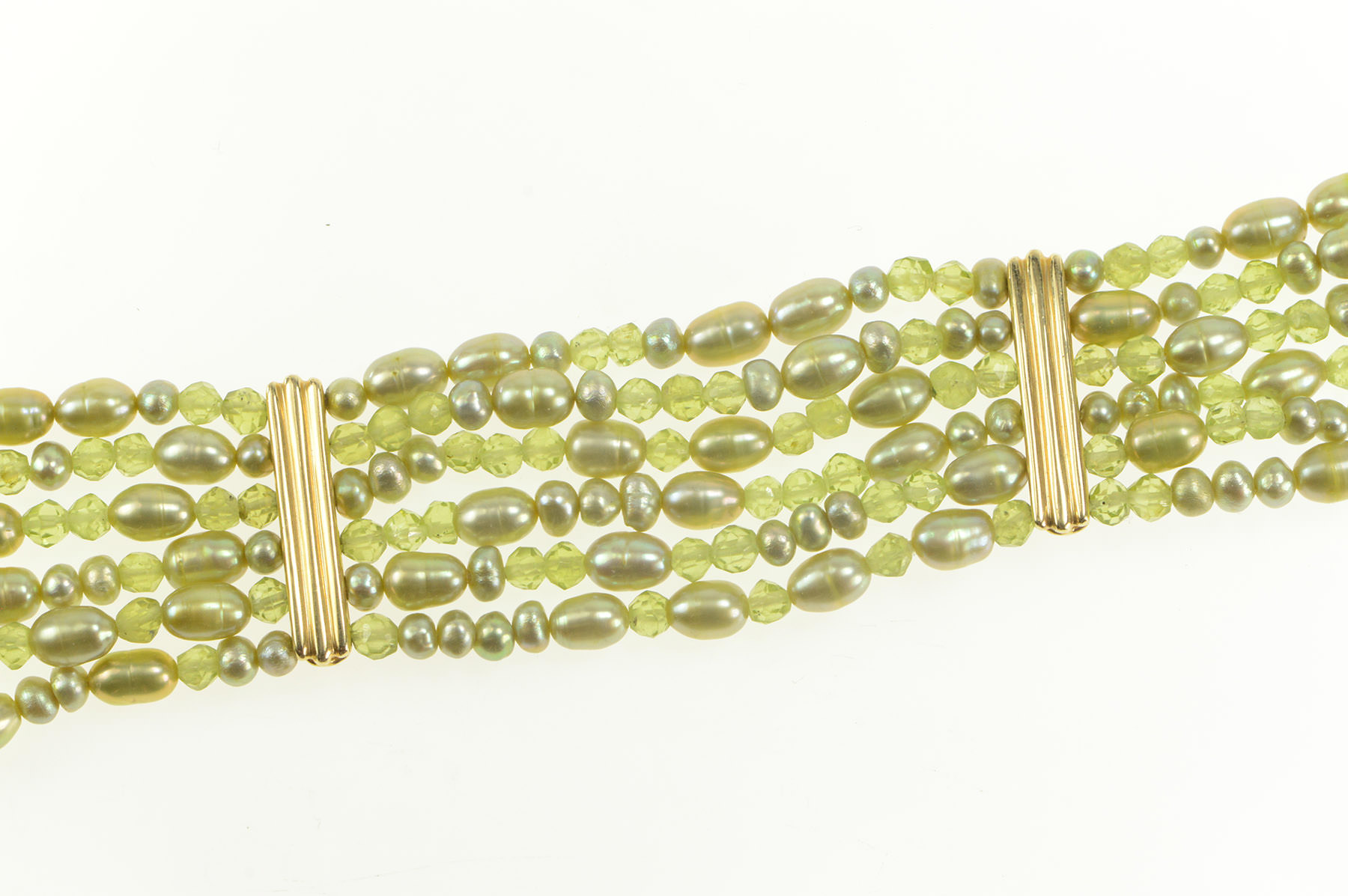 14K Green Pearl Beaded Tiered Chain Bar Accent Yellow Gold Bracelet 6.75"