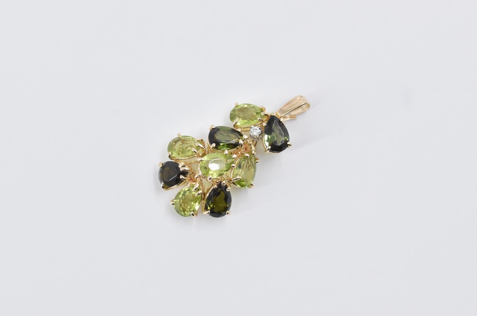 14K Green Tourmaline Peridot Diamond Cluster Yellow Gold Pendant