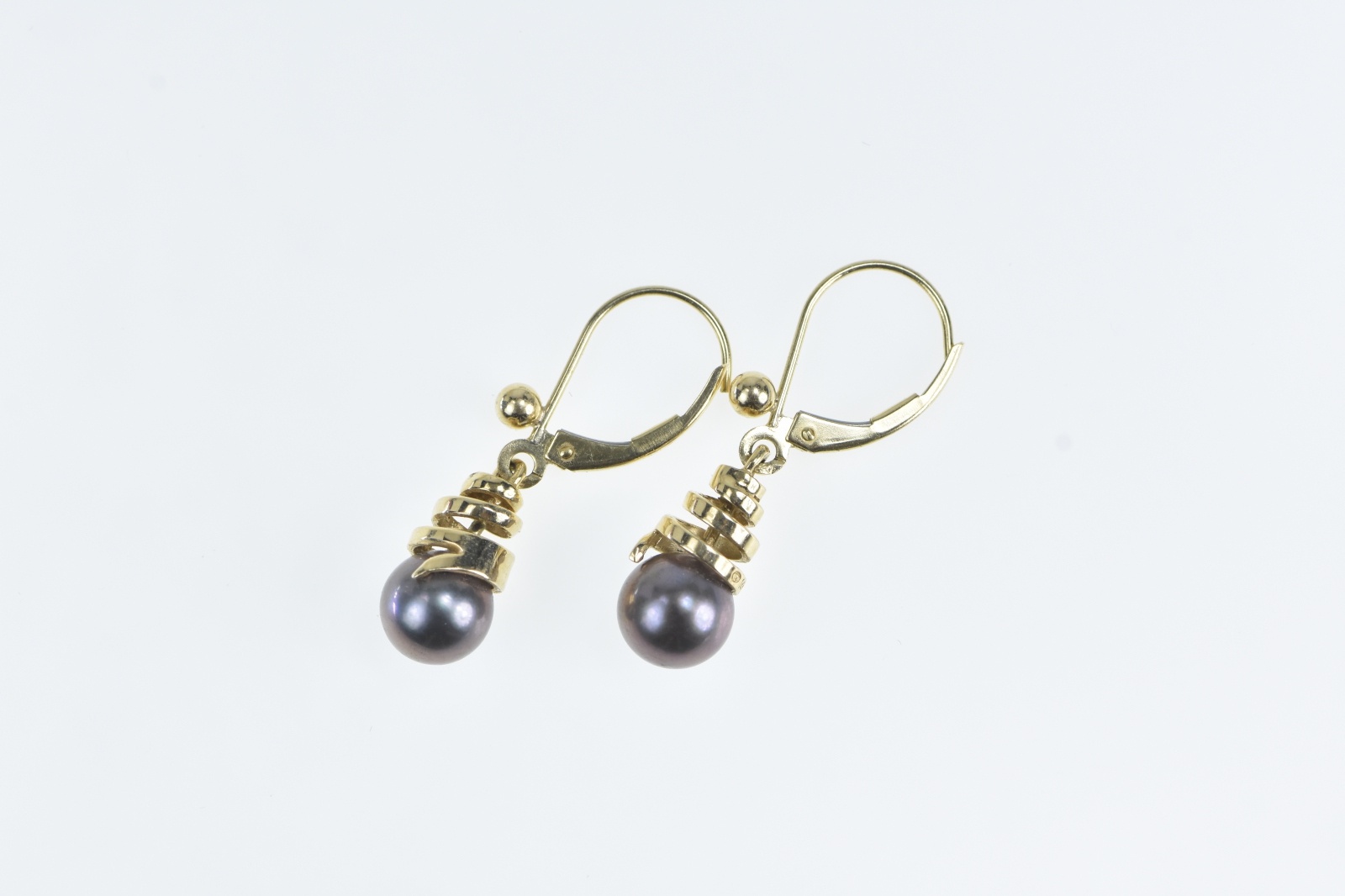 14K Grey Pearl Vintage Swirl Spiral Dangle Yellow Gold Earrings