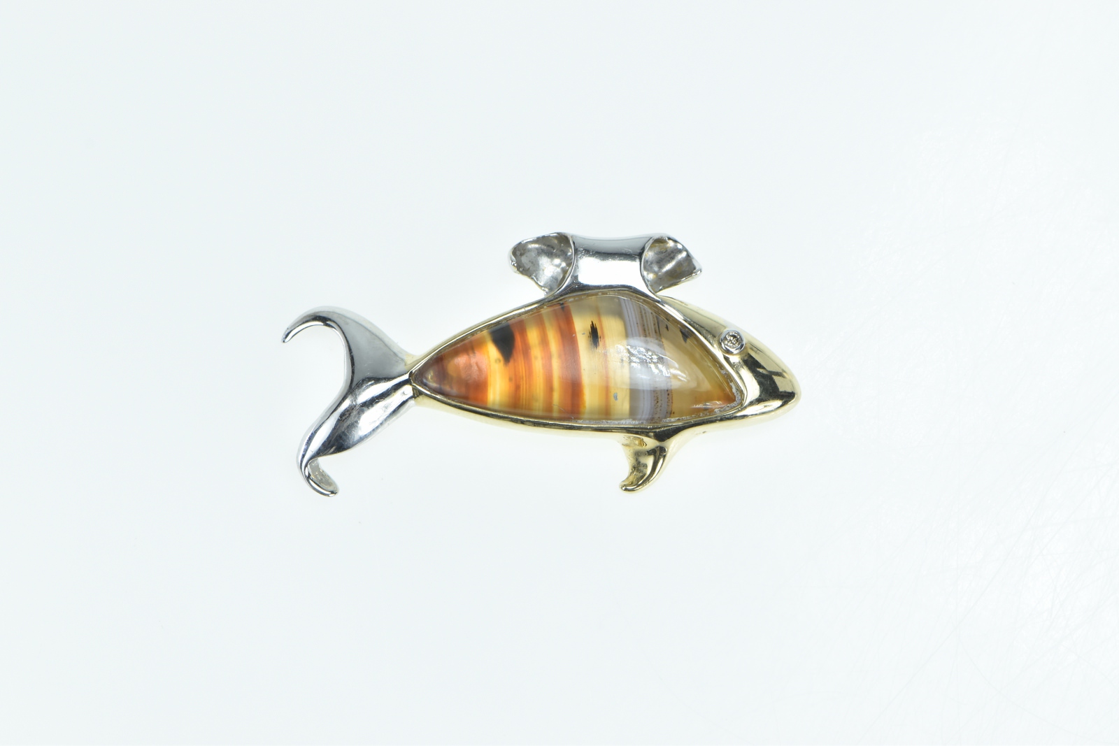 14K Handmade Designer Agate Diamond Eyed Fish Yellow Gold Pendant