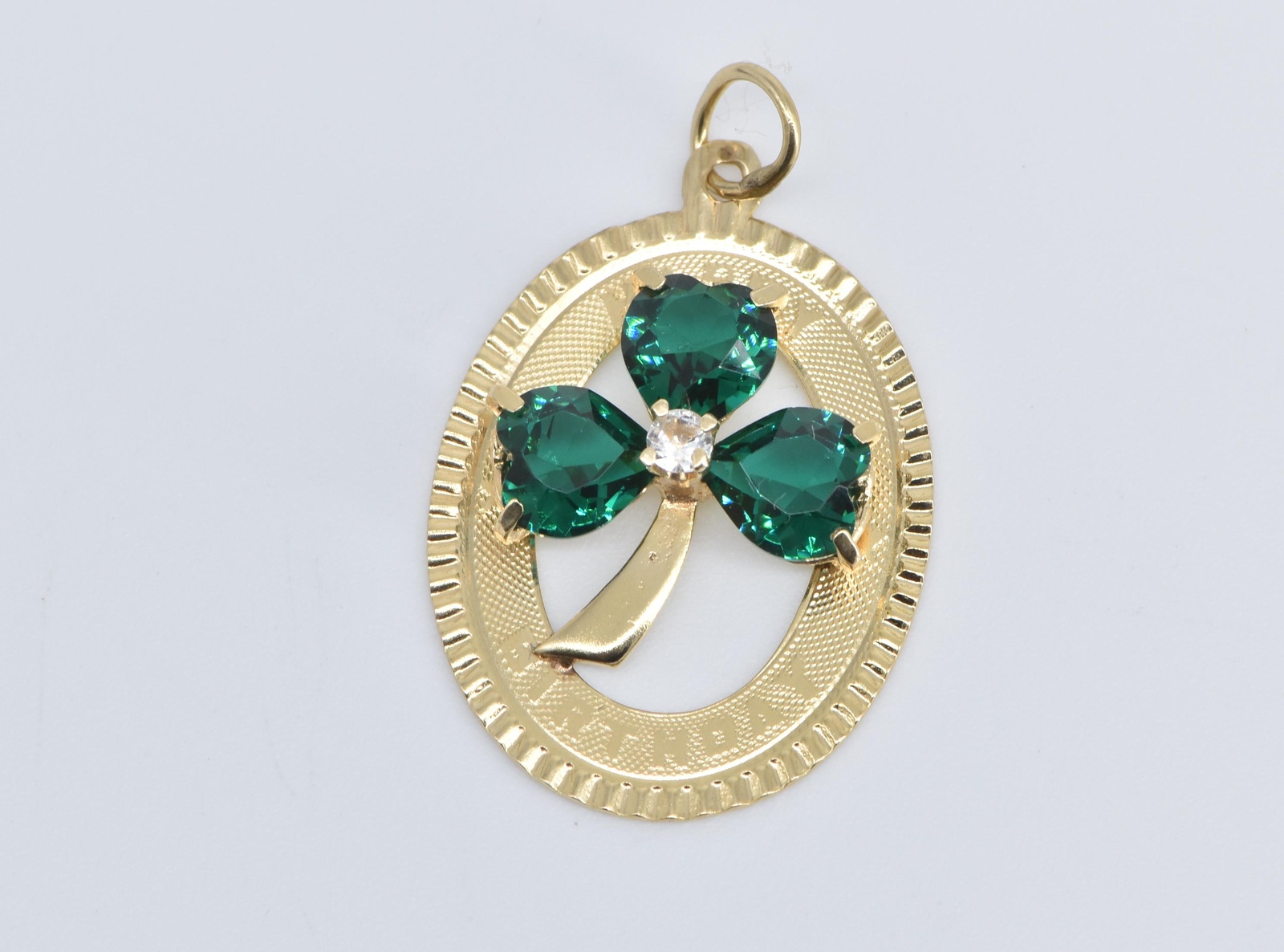 14K Happy Birthday Syn. Emerald Clover Vintage Yellow Gold Charm/Pendant