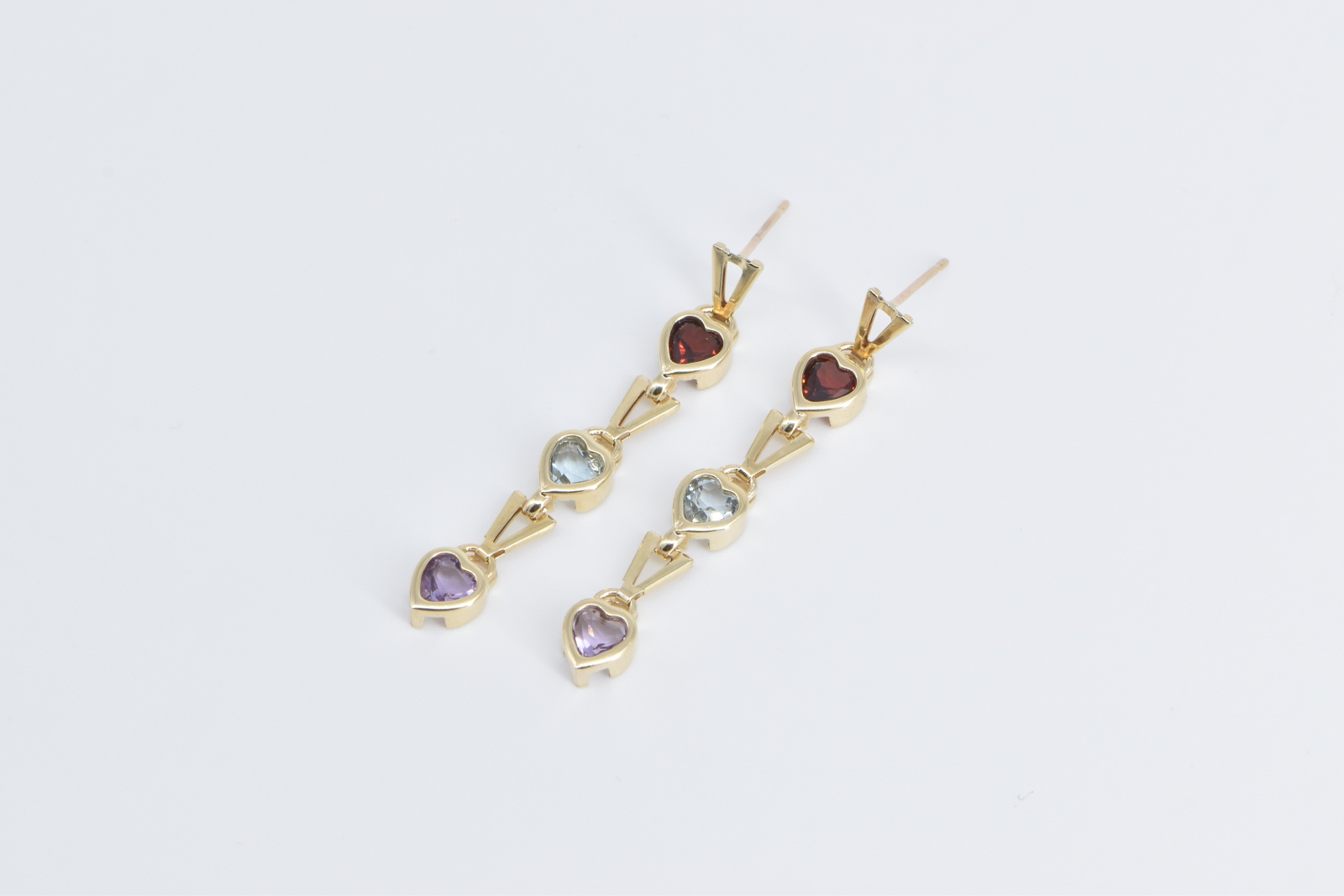 14K Heart Garnet Topaz Amethyst Tiered Dangle Yellow Gold Earrings