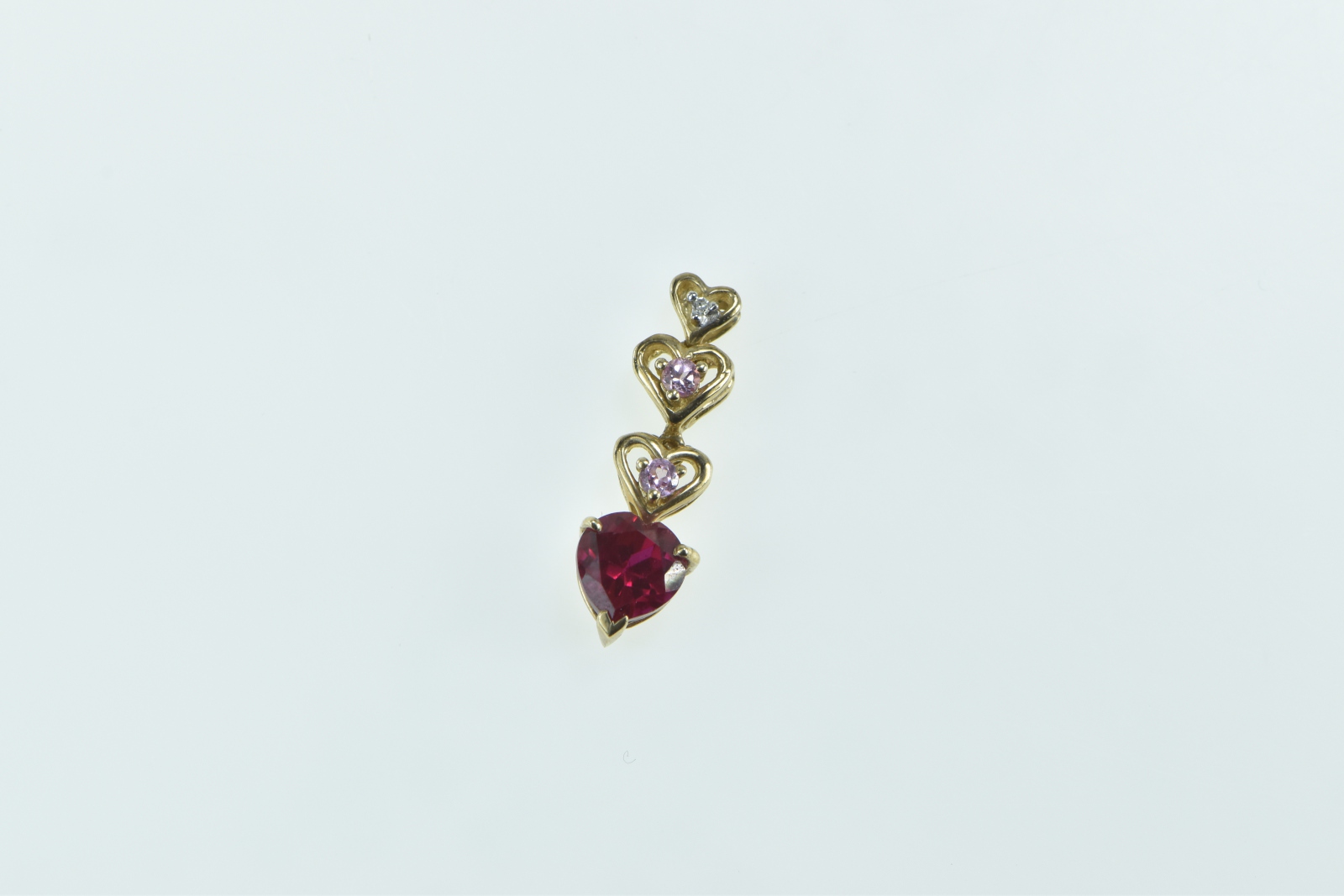 14K Heart Syn. Ruby Pink Topaz Diamond Drop Yellow Gold Pendant