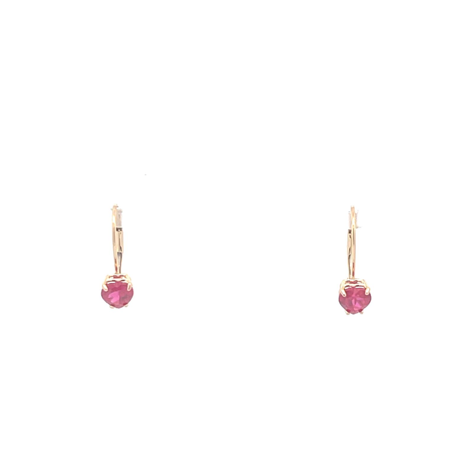 14K Heart Syn. Ruby Solitaire Dangle Yellow Gold Earrings