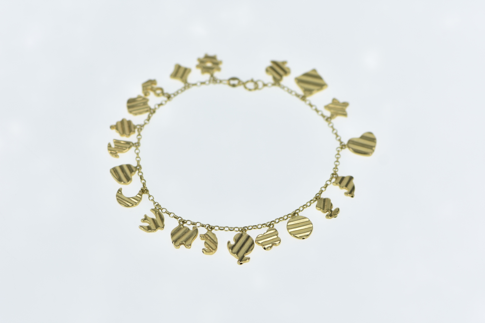 14K HW Burdick Heart Clover Butterfly Charm Yellow Gold Bracelet 7.5"