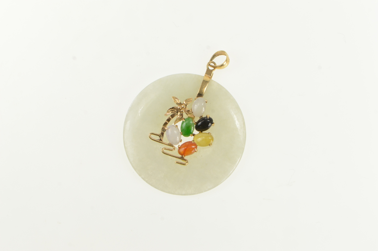 14K Jadeite Palm Tree Cluster Tropical Motif Yellow Gold Pendant