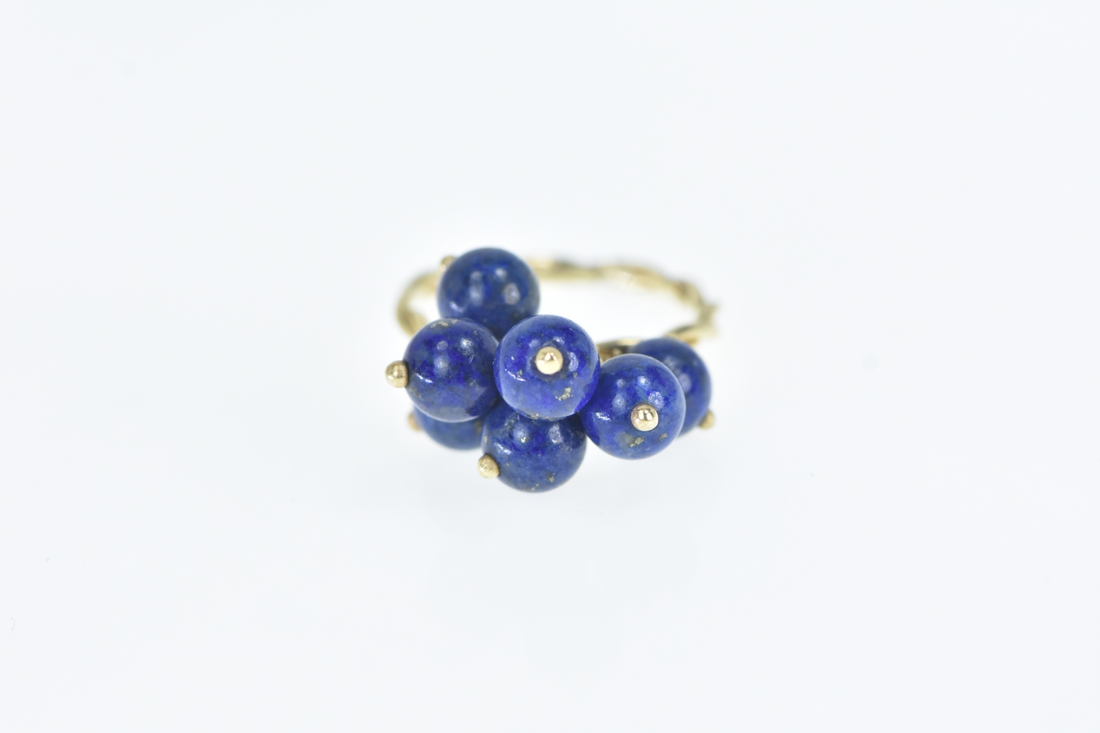 14K Lapis Lazuli Ball Bead Tassel Fringe Charm Yellow Gold Ring, Size 5.5