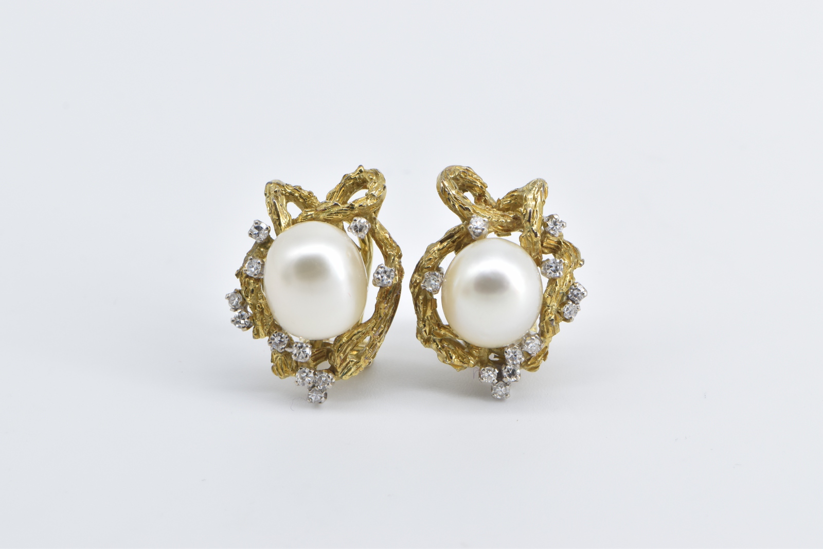 14K Larry Pearl Diamond Tree Motif French Clip Yellow Gold Earrings