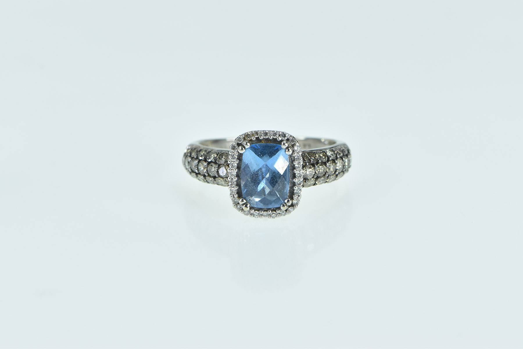 14K LeVian Blue Topaz Diamond Halo Designer White Gold Ring, Size 6.25