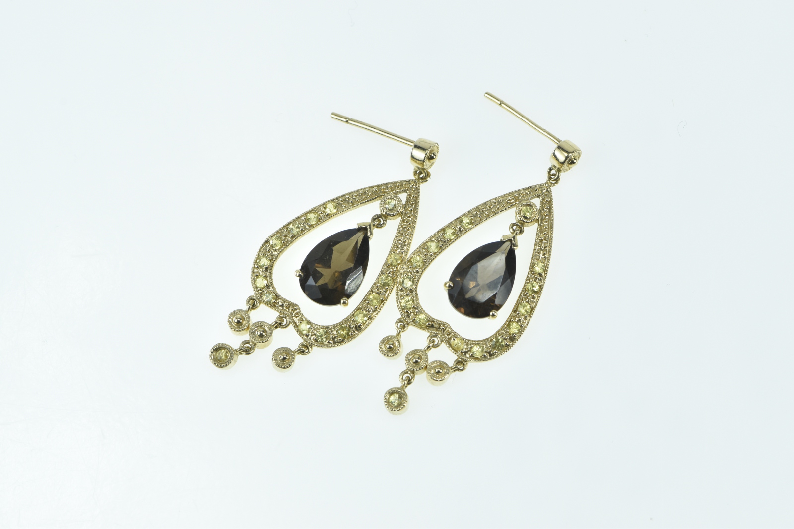 14K LeVian Smoky Quartz Yellow Sapphire Dangle Yellow Gold Earrings