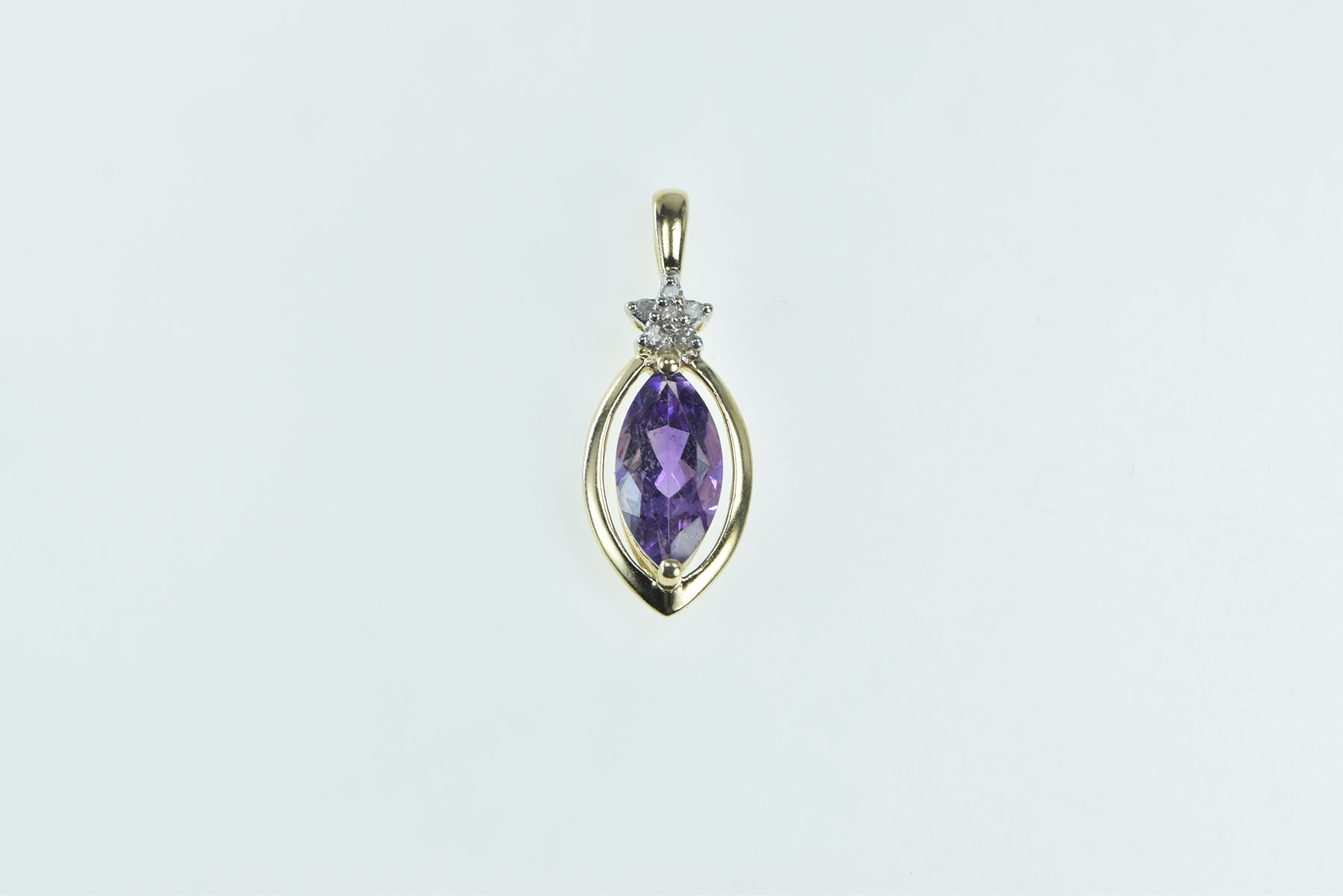 14K Marquise Amethyst Diamond Vintage Statement Yellow Gold Pendant