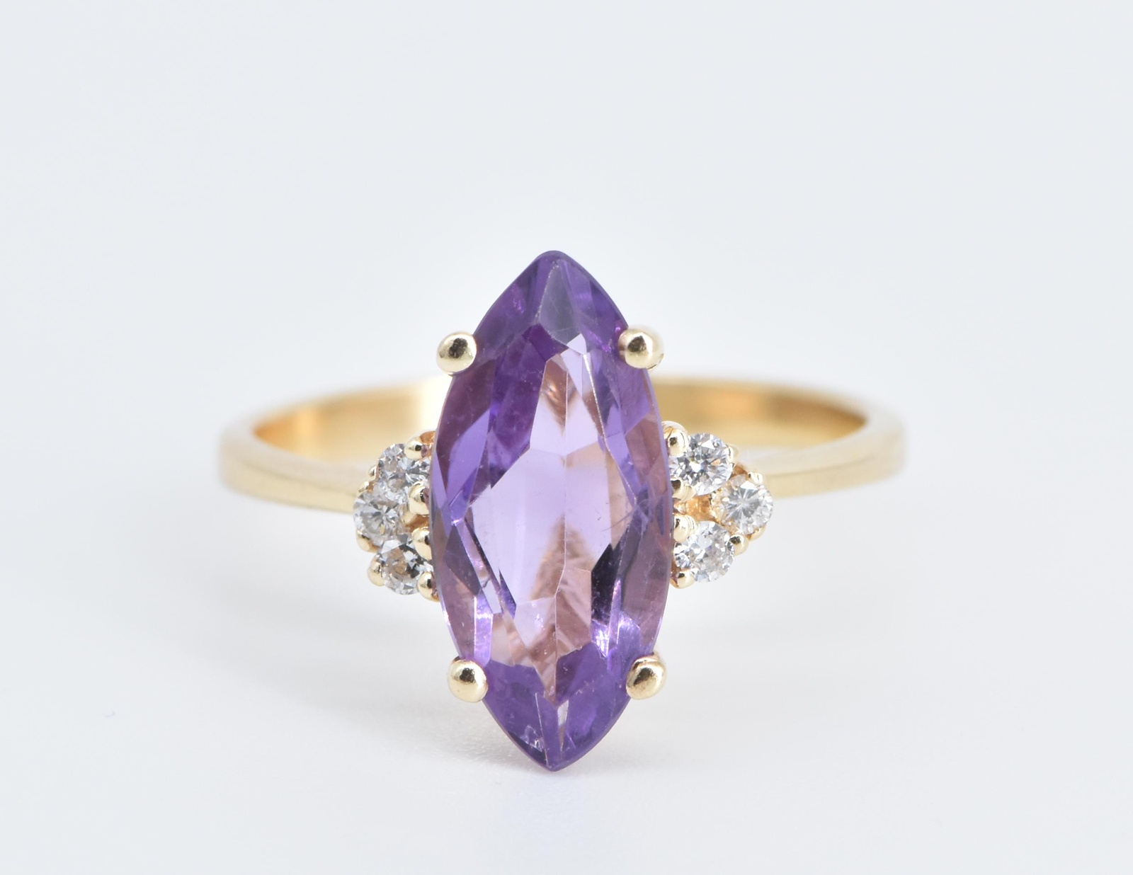 14K Marquise Amethyst Natural Diamond Cluster Yellow Gold Ring, Size 8.25