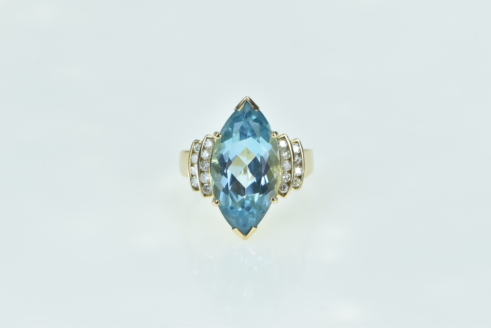 14K Marquise Blue Topaz Diamond Statement Yellow Gold Ring, Size 8
