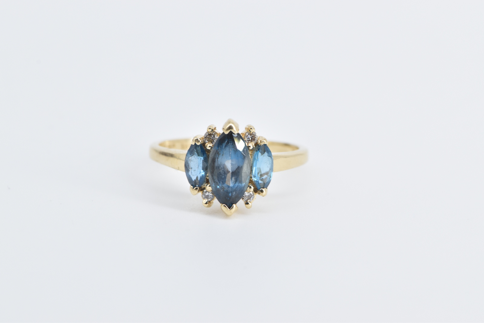 14K Marquise Blue Topaz Diamond Three Stone Yellow Gold Ring, Size 6.5