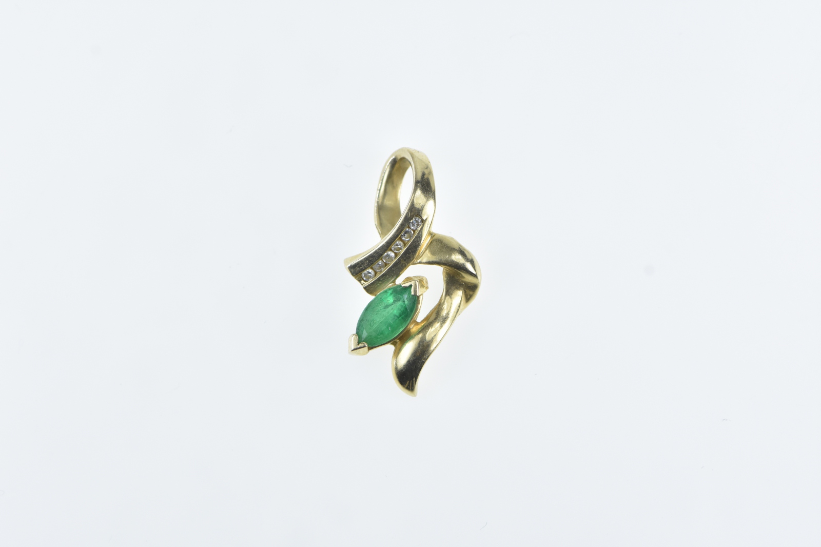 14K Marquise Emerald Diamond Wavy Yellow Gold Pendant