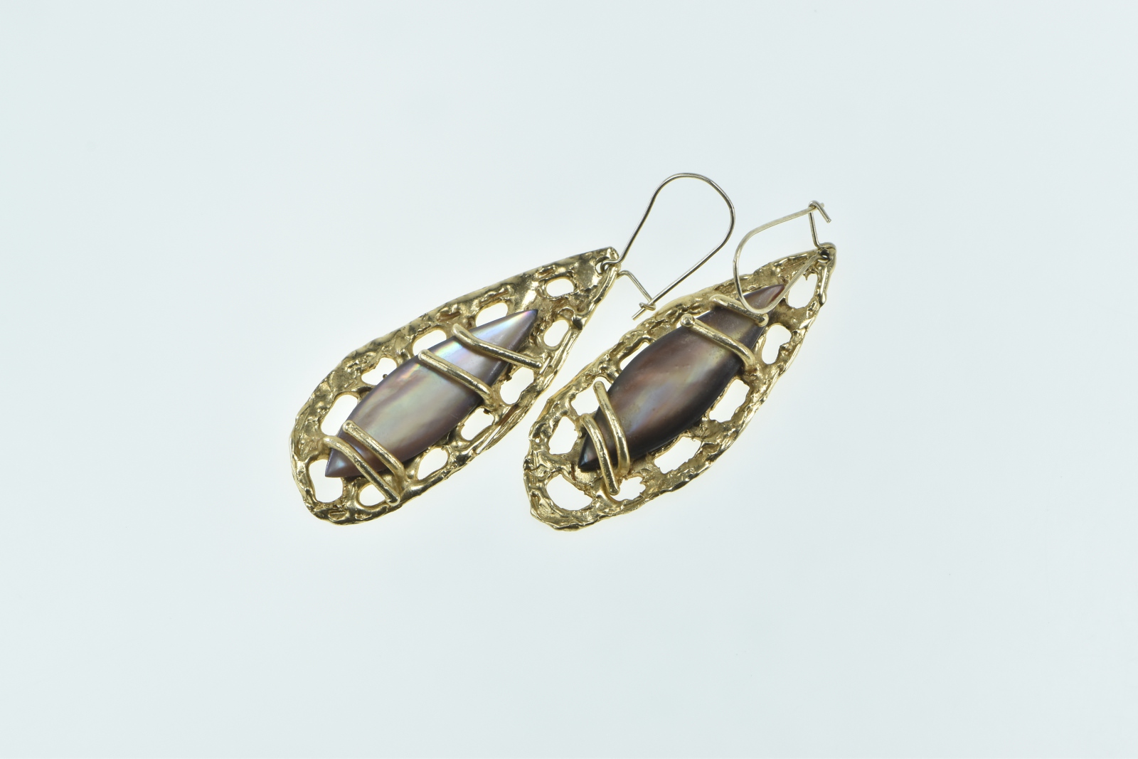 14K Marquise Mother of Pearl Vintage Dangle Yellow Gold Earrings