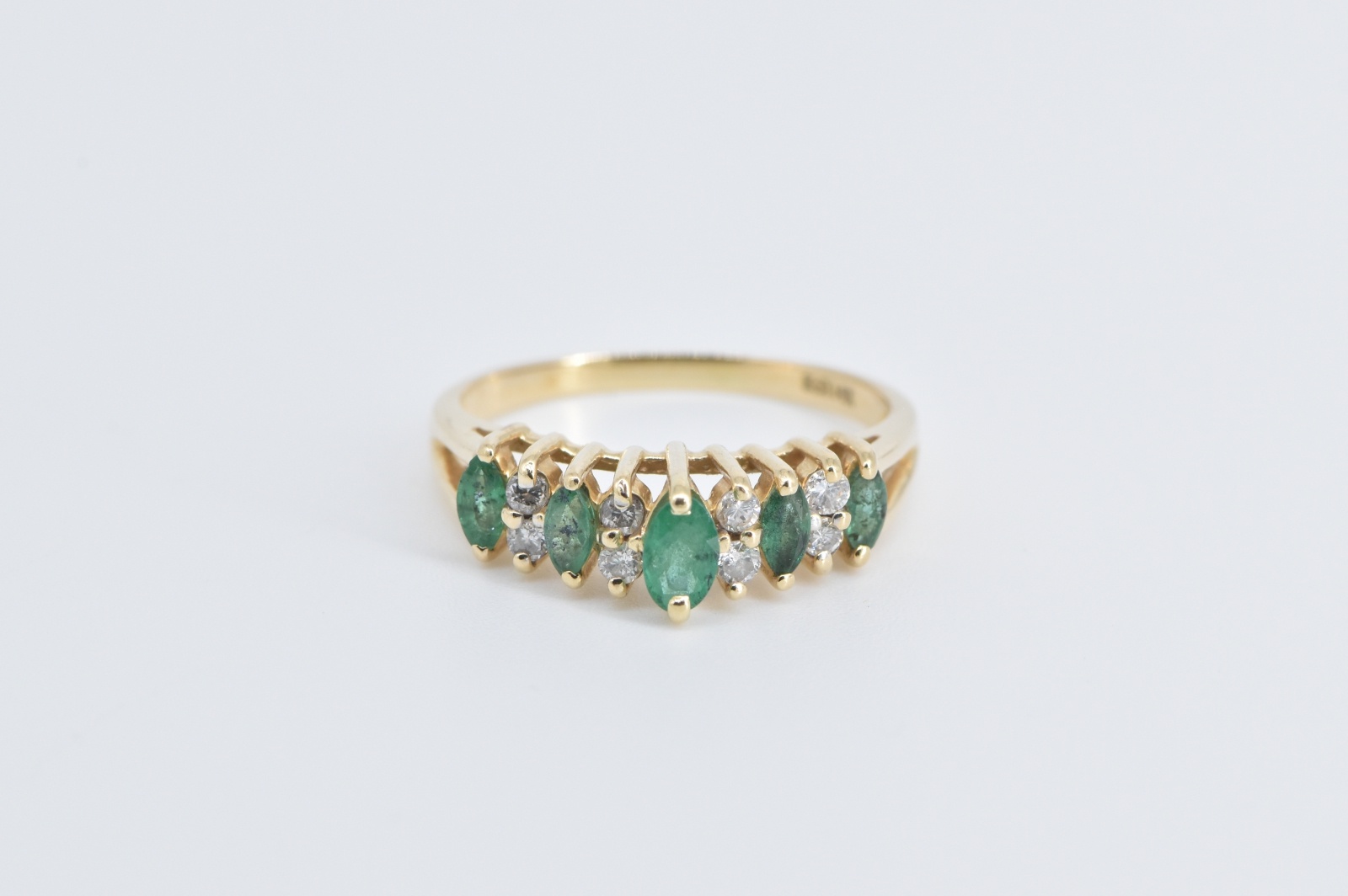 14K Marquise Natural Emerald Diamond Vintage Yellow Gold Ring, Size 8