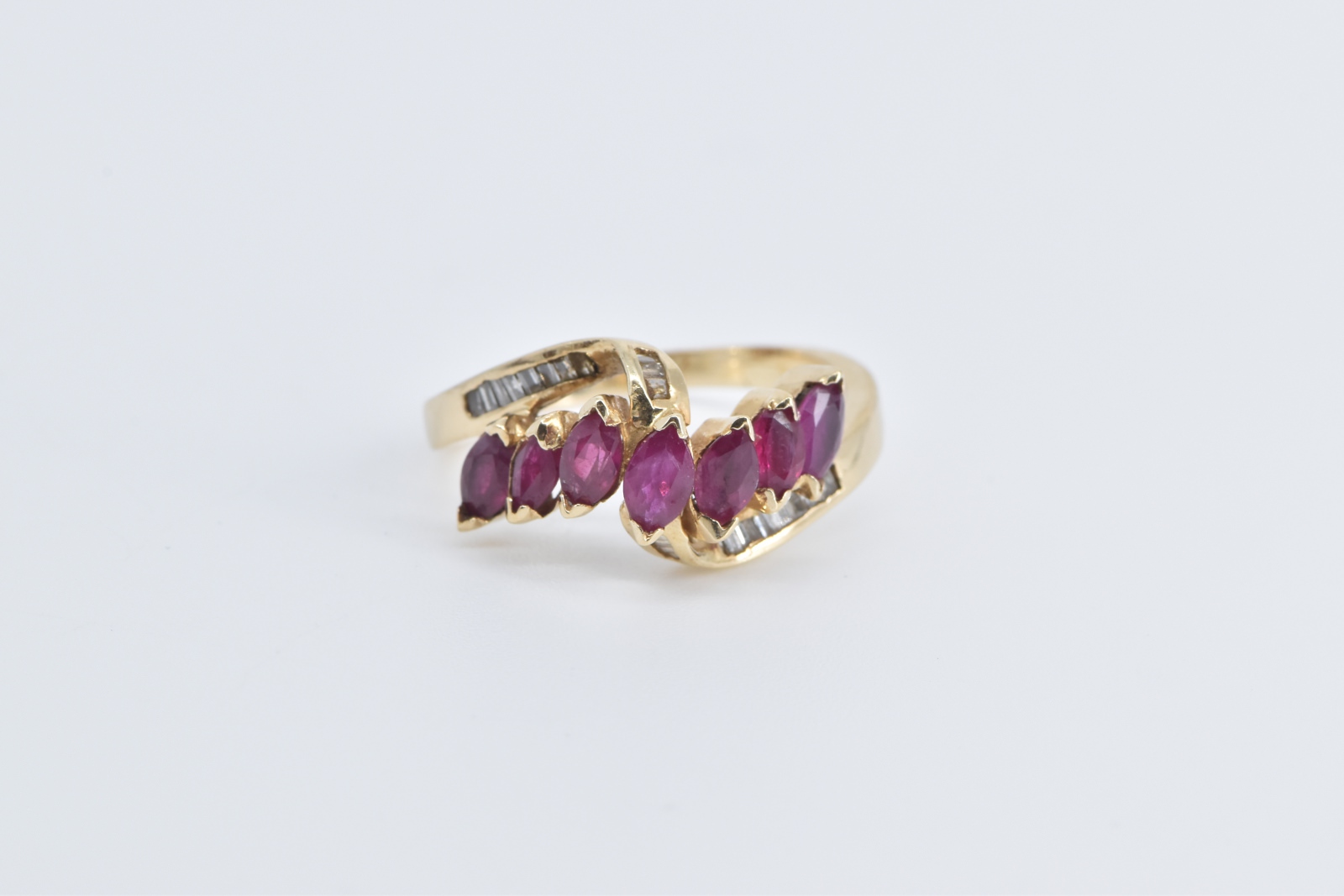 14K Marquise Ruby Baguette Diamond Bypass Yellow Gold Ring, Size 8