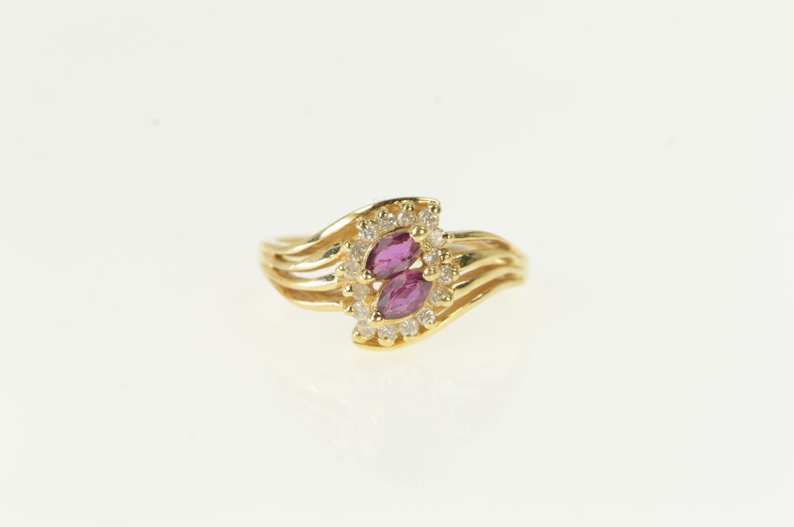 14K Marquise Ruby Diamond Halo Bypass Yellow Gold Ring, Size 6