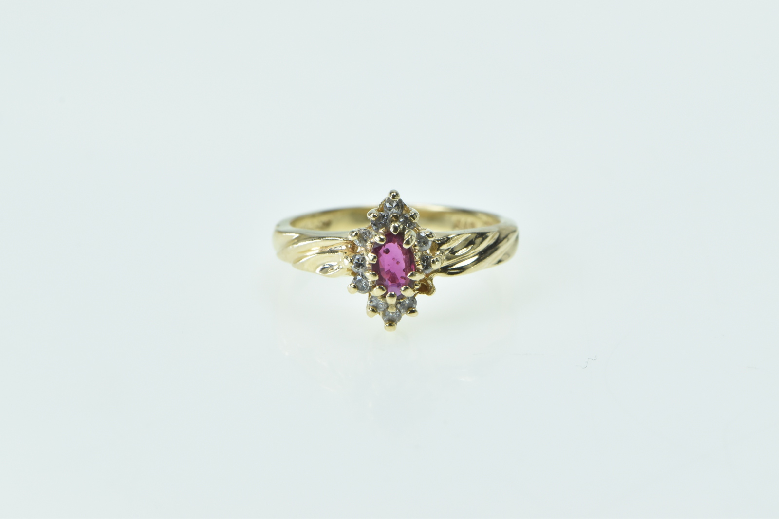14K Marquise Ruby Diamond Halo Vintage Yellow Gold Ring, Size 4