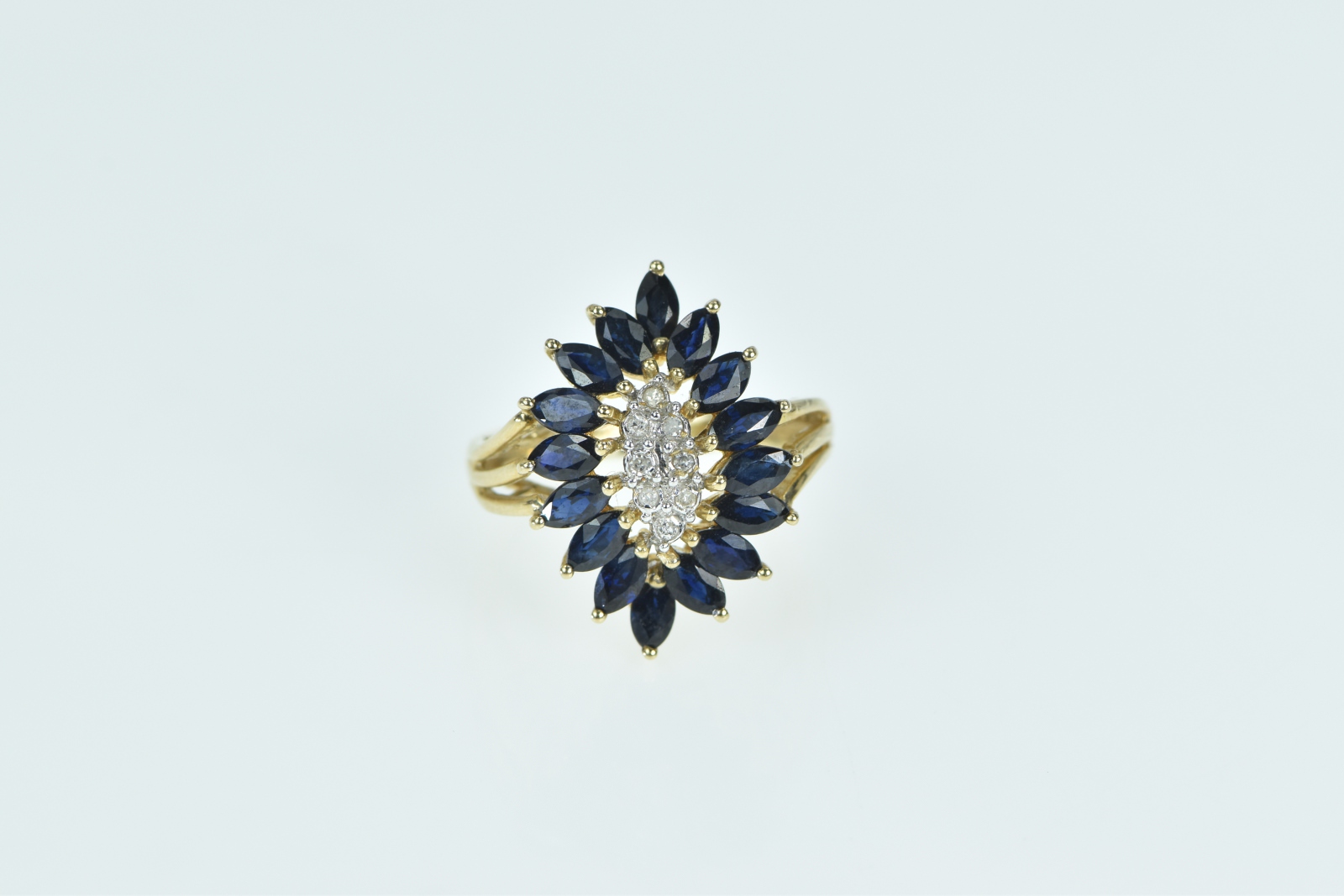 14K Marquise Sapphire Diamond Freeform Cluster Yellow Gold Ring, Size 6