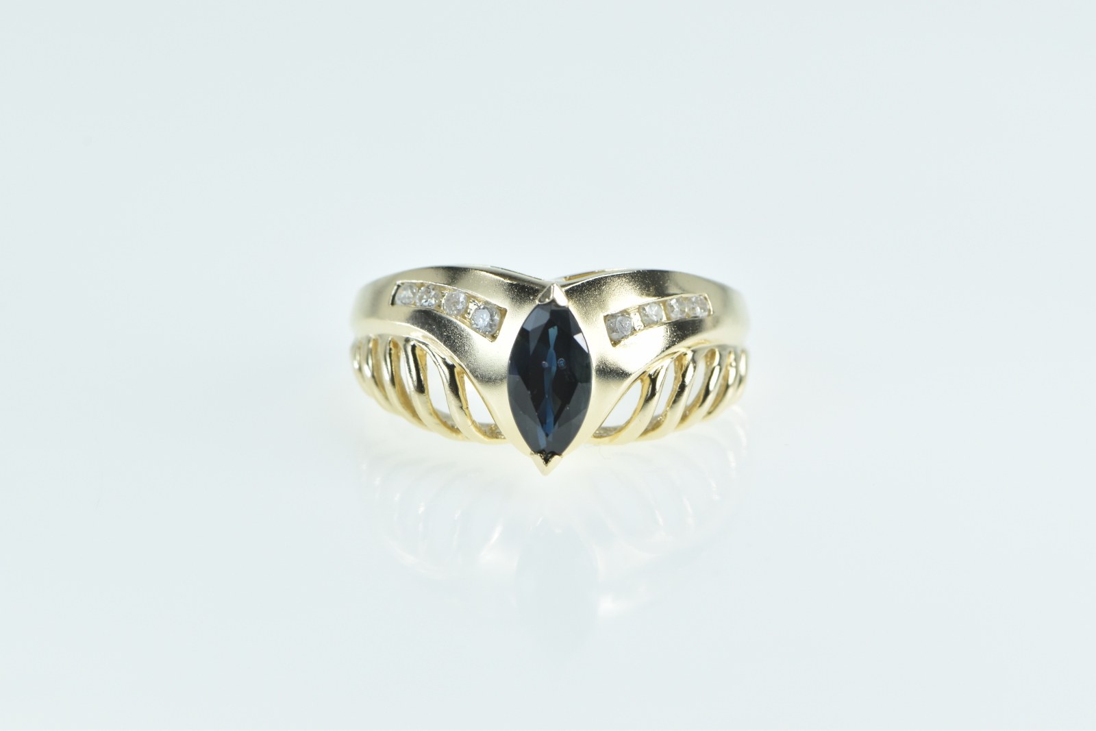 14K Marquise Sapphire Diamond Vintage Chevron Yellow Gold Ring, Size 8