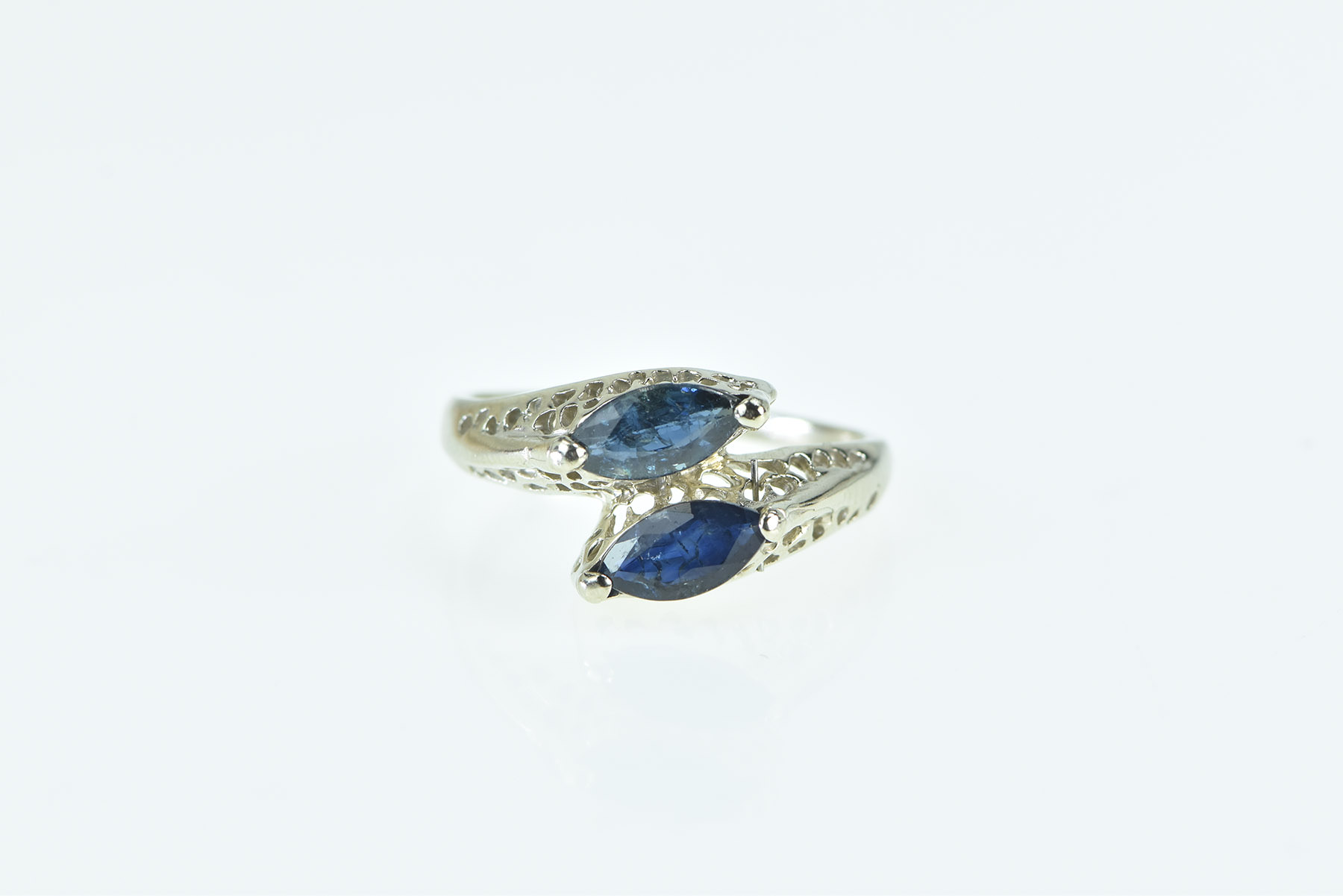 14K Marquise Sapphire Filigree Ornate Bypass White Gold Ring, Size 7
