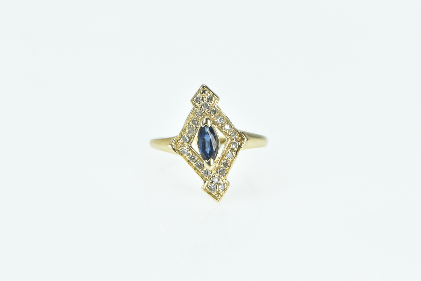 14K Marquise Sapphire Squared Diamond Halo Yellow Gold Ring, Size 6.75