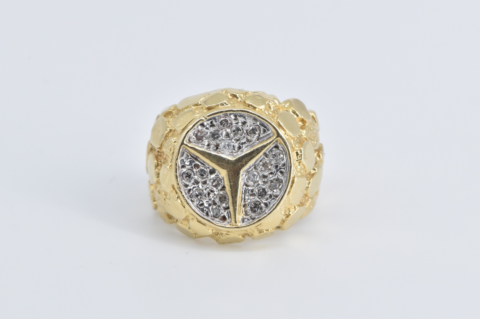 14K Mercedes Benz Logo Natural Diamond Two Tone Yellow Gold Ring, Size 6.5