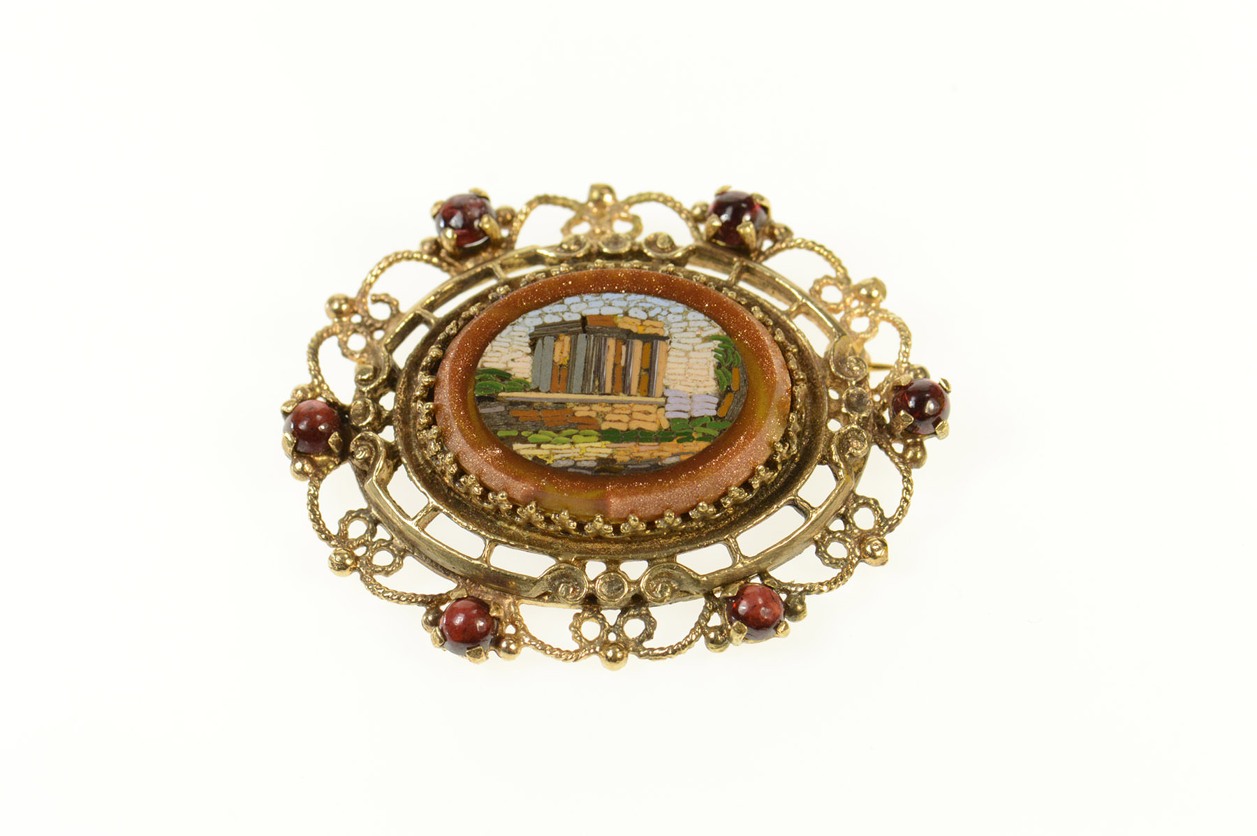 14K Micromosaic Parthenon Goldstone Scalloped Yellow Gold Pin/Brooch