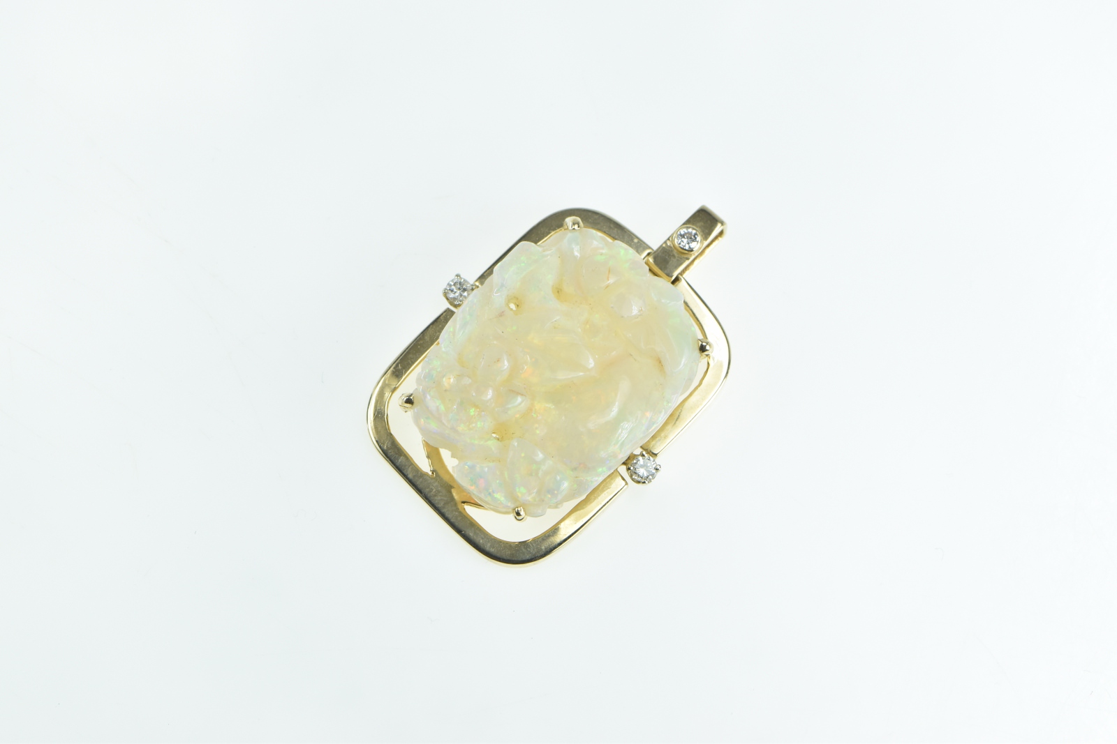 14K Natural Carved Floral Opal Diamond Statement Yellow Gold Pendant