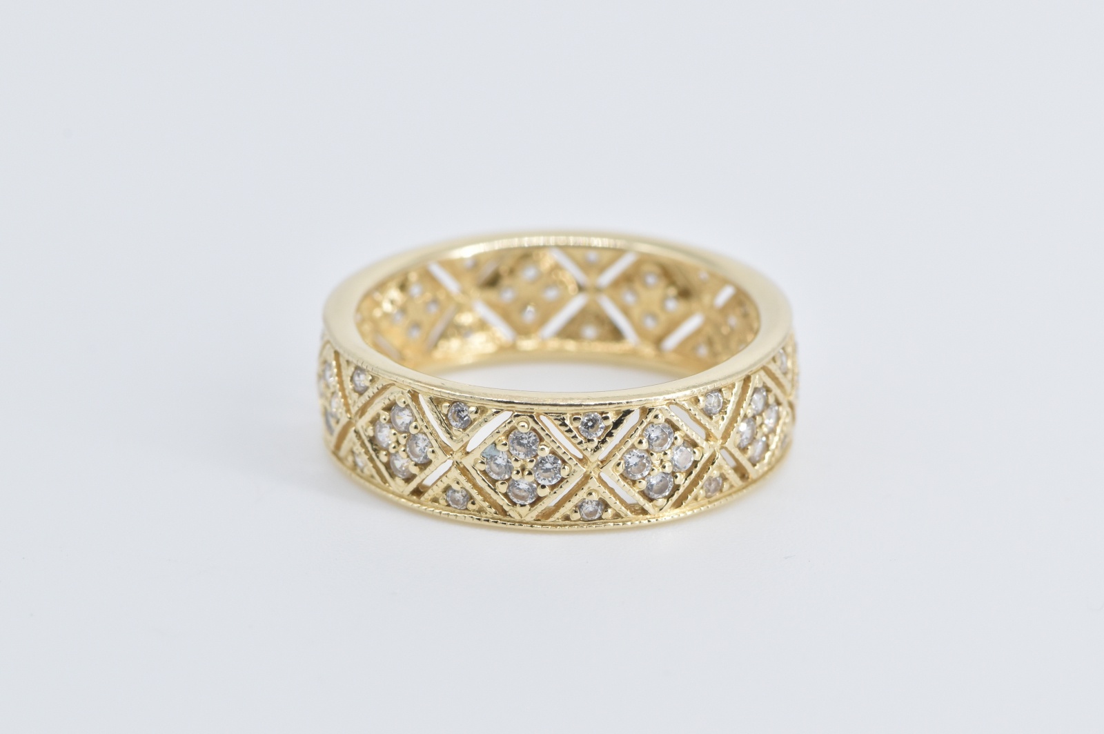 14K Natural Diamond Encrusted Lattice Band Yellow Gold Ring, Size 9.25