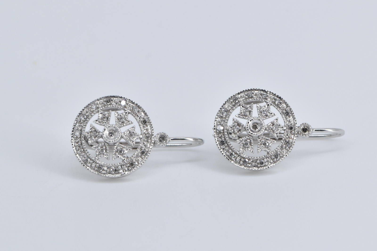 14K Natural Diamond Encrusted Snow Flake Dangle White Gold Earrings