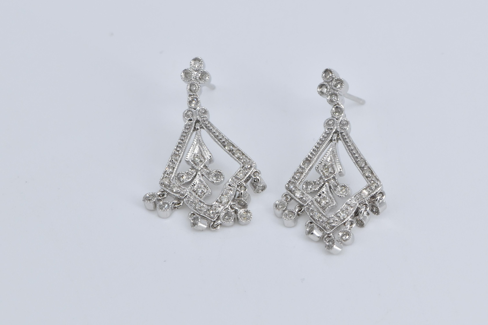 14K Natural Diamond Ornate Fringe Dangle White Gold Earrings