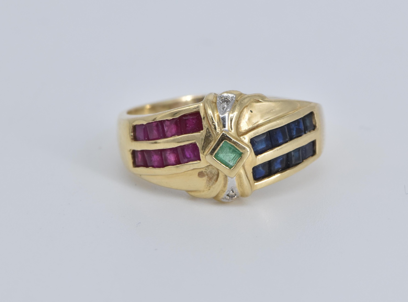 14K Natural Emerald Diamond Ruby Sapphire Fashion Yellow Gold Ring, Size 9.75