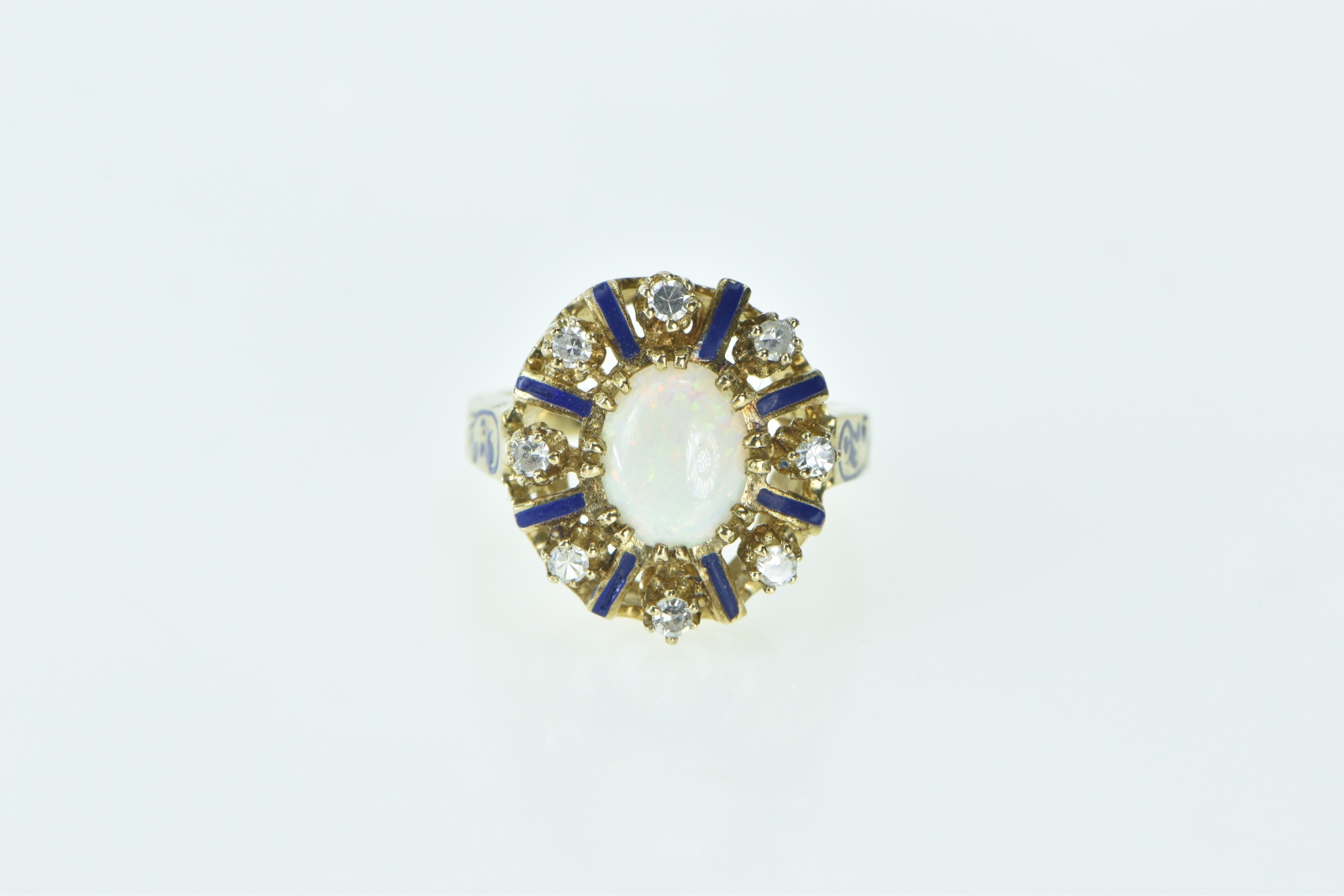 14K Natural Opal Diamond Halo Enamel Cocktail Yellow Gold Ring, Size 6.25