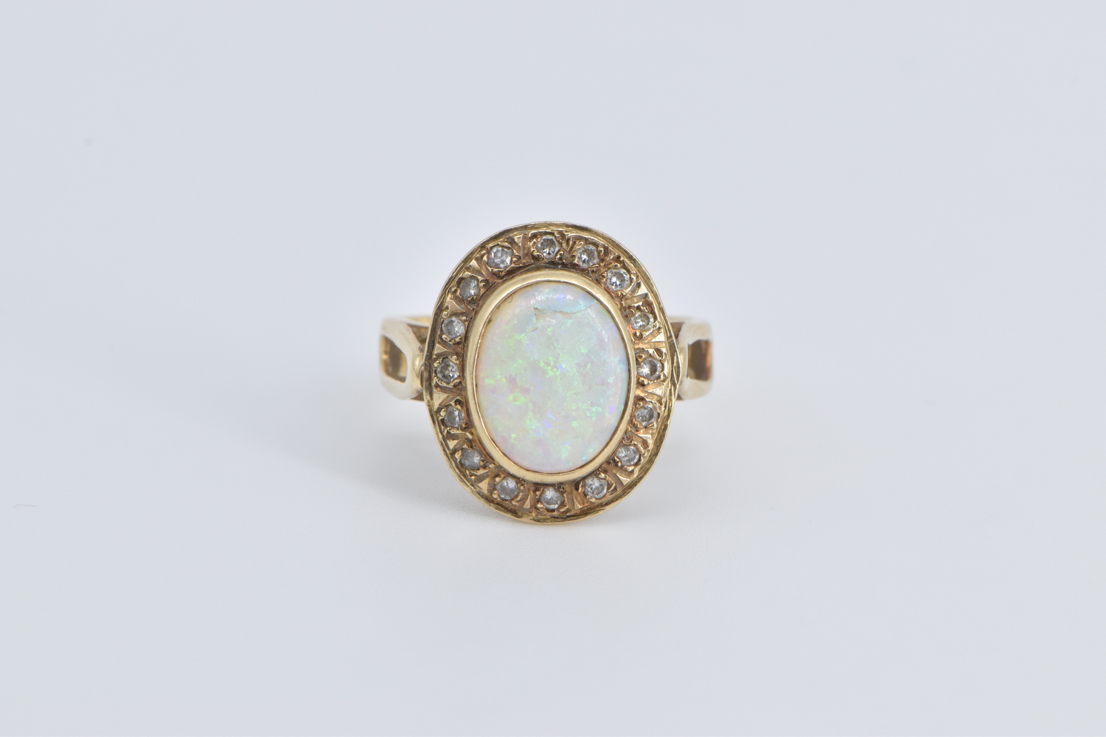 14K Natural Opal Diamond Halo Ornate Statement Yellow Gold Ring, Size 6.25