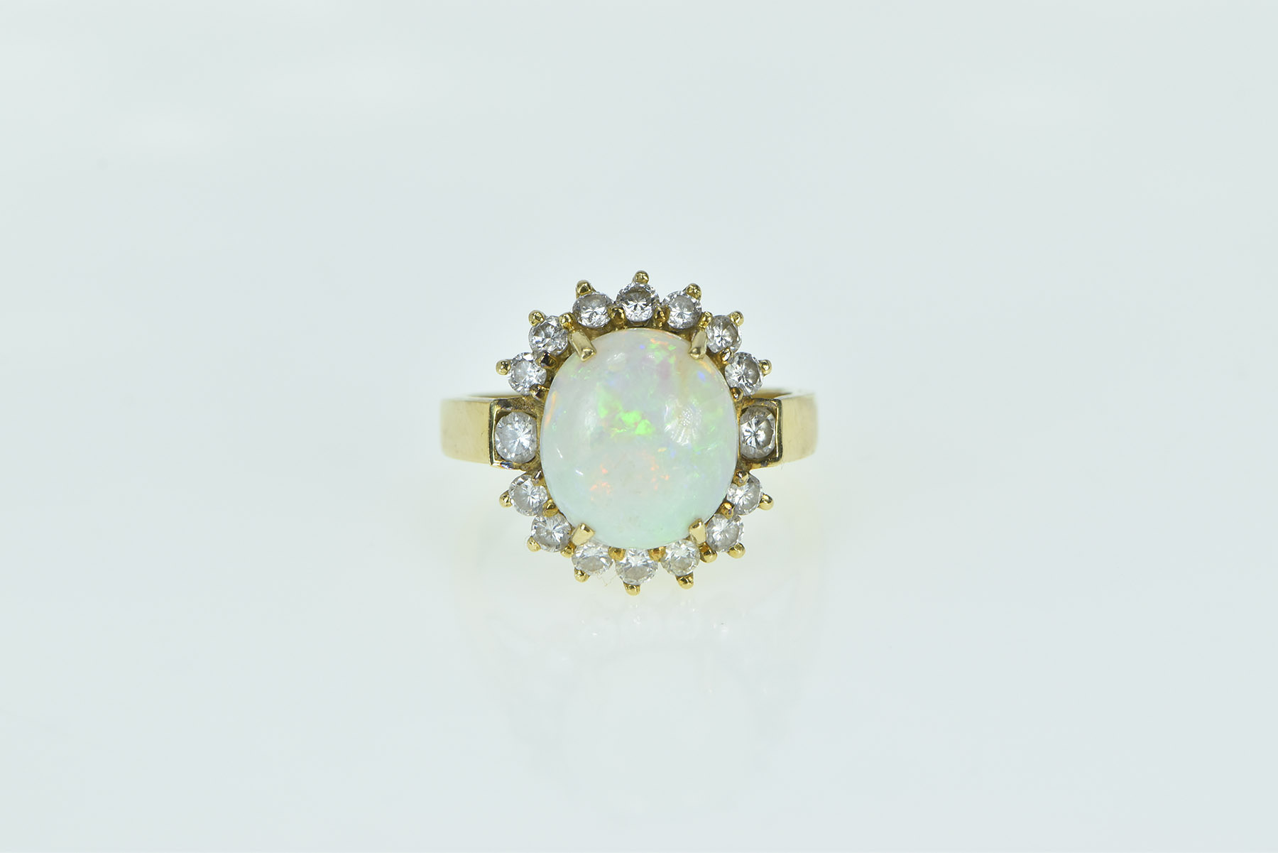 14K Natural Opal Diamond Halo Statement Yellow Gold Ring, Size 8