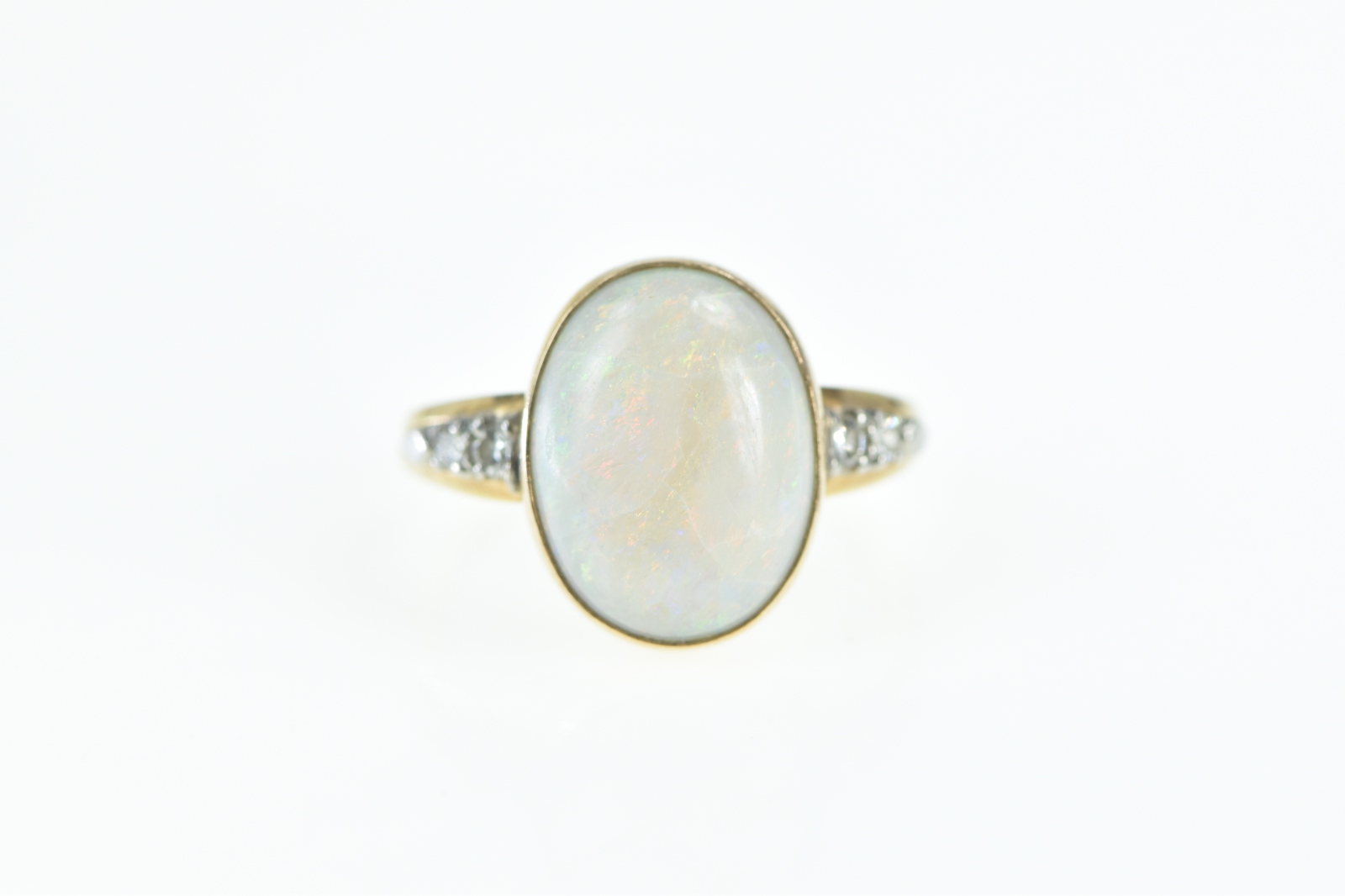 14K Natural Oval Opal Diamond Statement Yellow Gold Ring, Size 7.25
