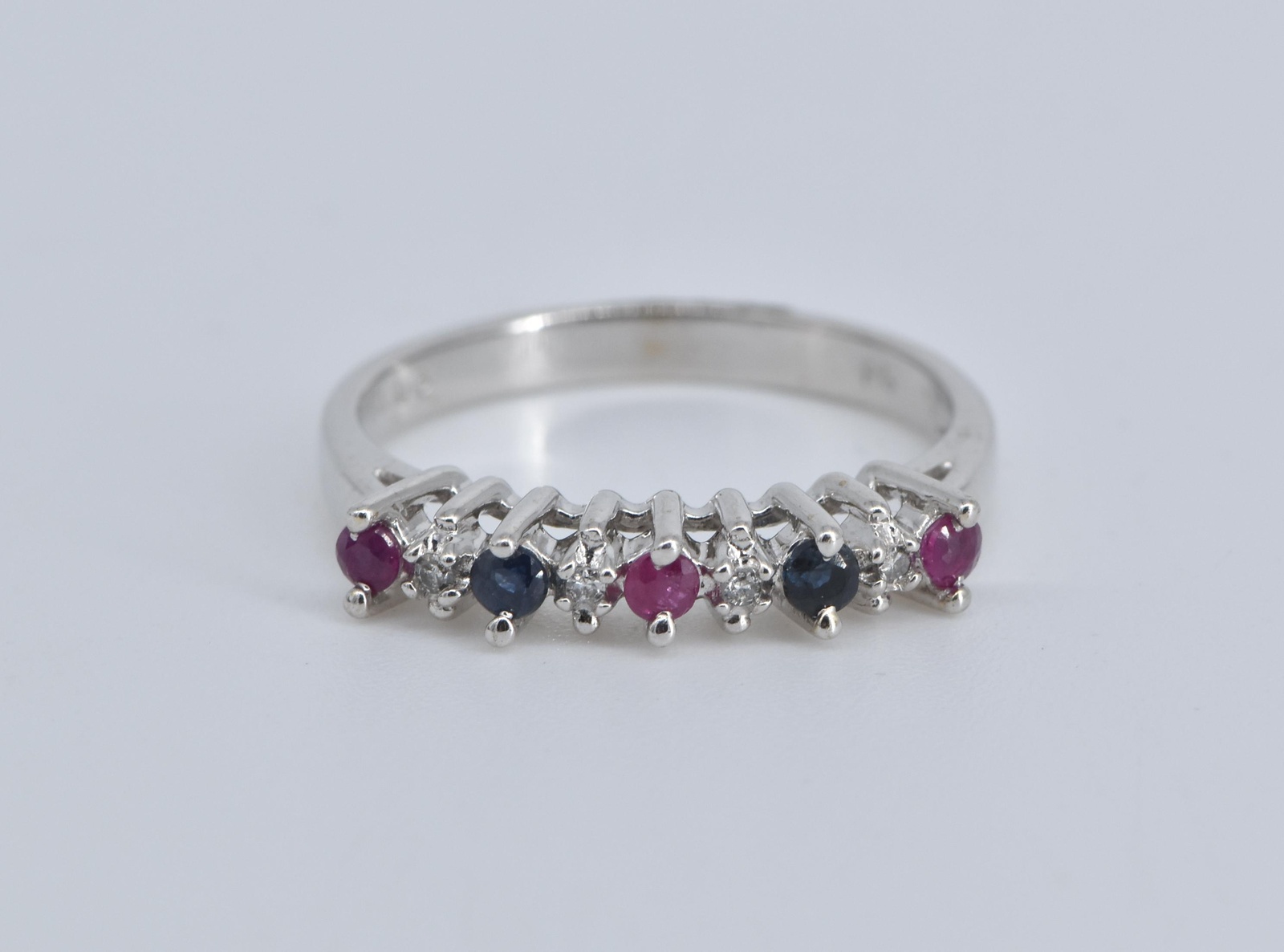 14K Natural Ruby Diamond Sapphire Wedding Band White Gold Ring, Size 7