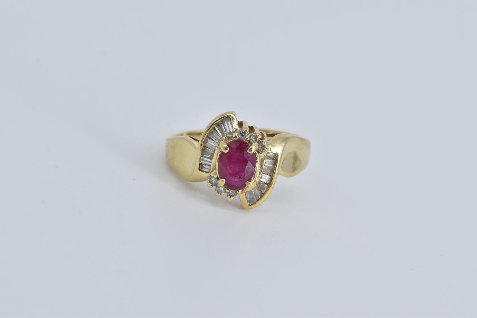 14K Natural Ruby Natural Diamond Baguette Bypass Yellow Gold Ring, Size 6.75