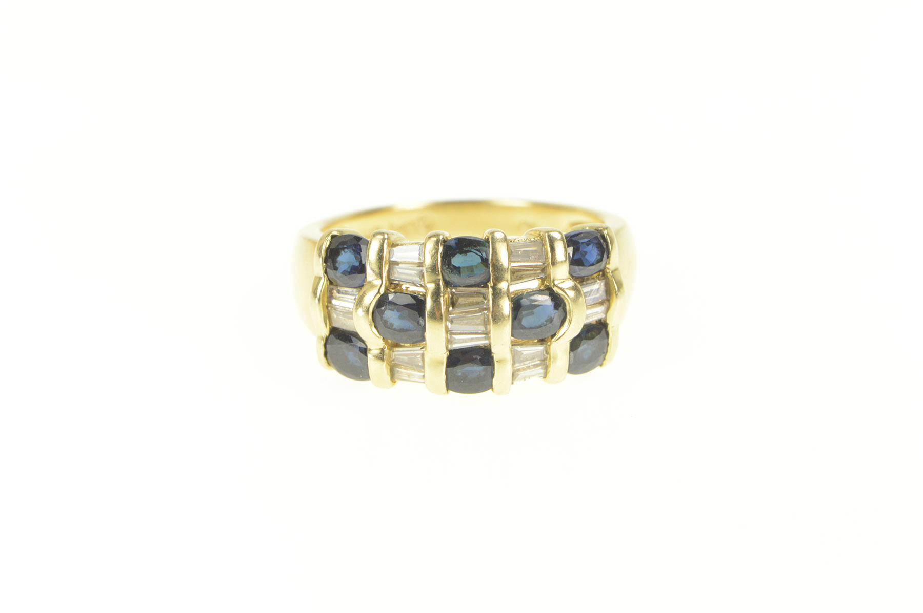 14K Natural Sapphire Baguette Diamond Statement Yellow Gold Ring, Size 7