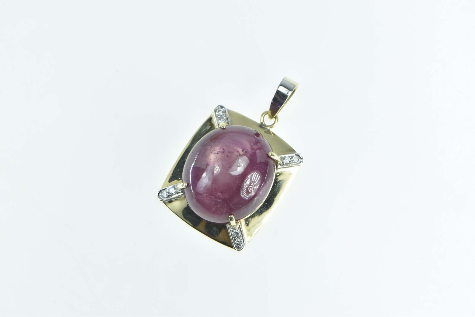 14K Natural Star Ruby Diamond Squared Statement Yellow Gold Pendant