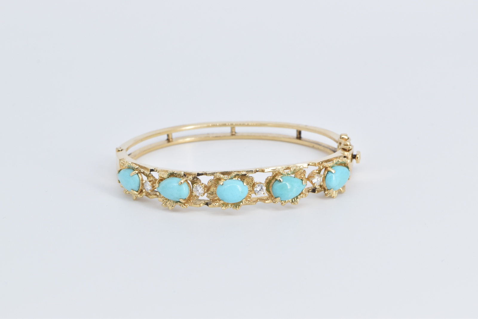 14K Natural Turquoise Diamond Floral Bangle Yellow Gold Bracelet 6.75"