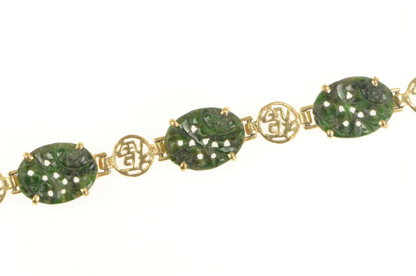 14K Nephrite Floral Carved Stone Chinese Yellow Gold Bracelet 7"