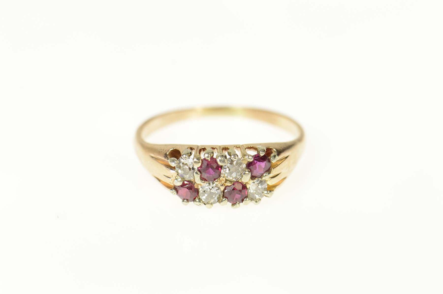 14K Old Mine Cut Natural Ruby & Diamond Classic Yellow Gold Ring, Size 5